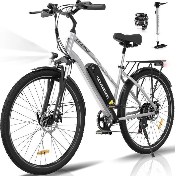 COLORWAY Vélo Électrique 28" VAE - E-BIKE VTT Batterie amovible 36V 15Ah - Moteur 250W - Shimano 7 Vitesses - Argent