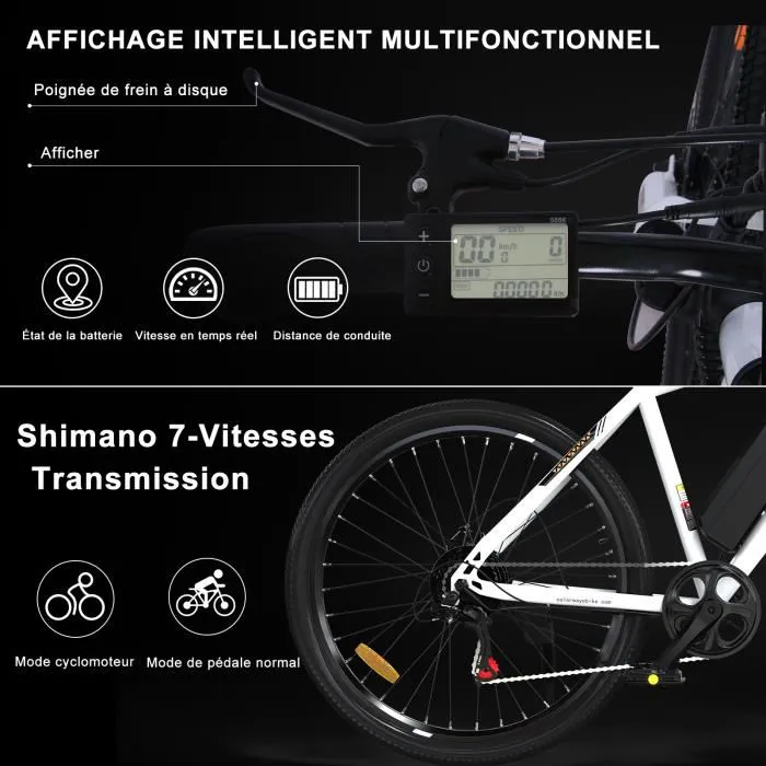 COLORWAY Vélo Électrique Blanc, VTT 26" E-Bike Vélo Assistance Électrique avec Batterie Amovible 36V 15Ah, Shimano 7 Vitesses – Image 2