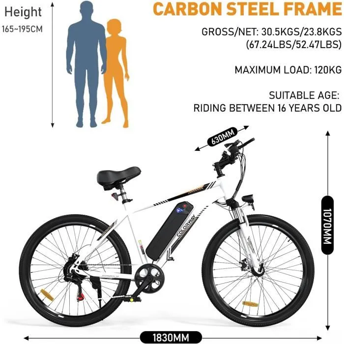 COLORWAY Vélo Électrique Blanc, VTT 26" E-Bike Vélo Assistance Électrique avec Batterie Amovible 36V 15Ah, Shimano 7 Vitesses – Image 4