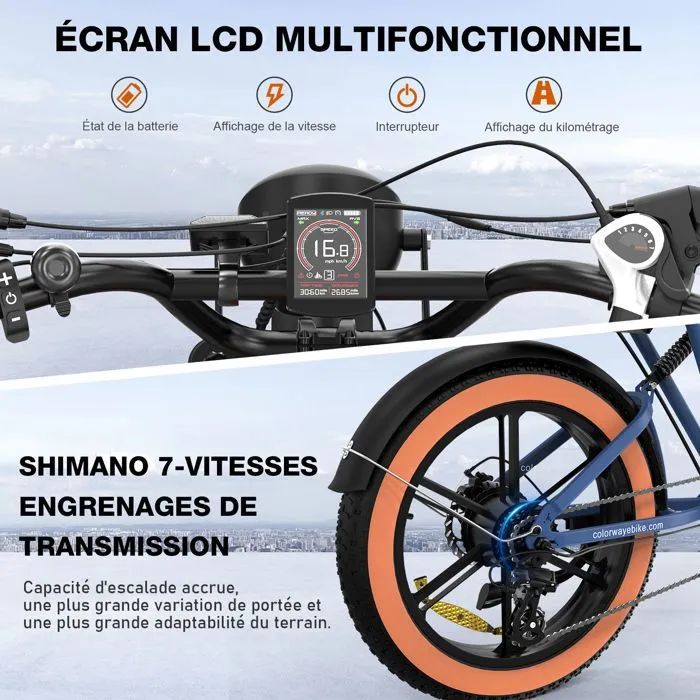 COLORWAY Vélo électrique, E-BIKE Tout Terrain de 20" avec Pneu 4.0 Fat, Moteur 250W et Batterie 48V 15Ah, Shimano 7 Vitesses – Image 2