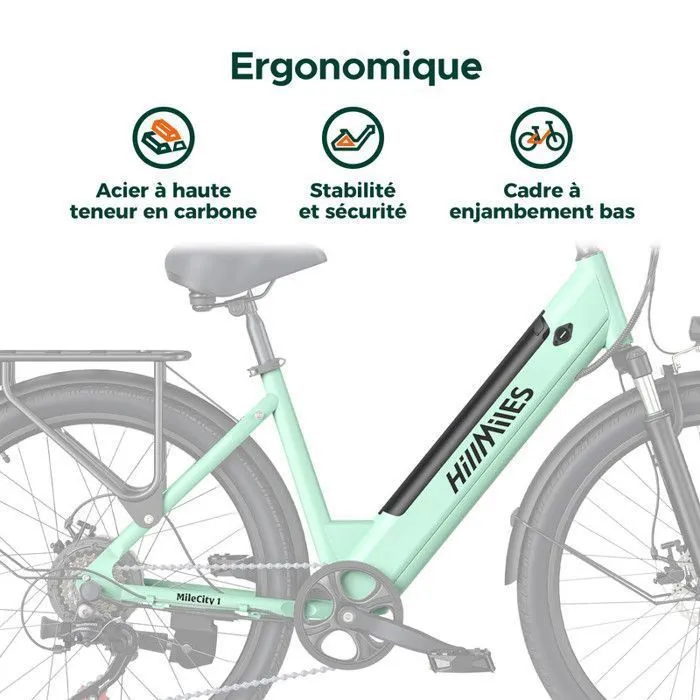 HILLMILES Milecity 1 - Vélo Électrique 26" - Moteur 250W - Batterie Amovible 36V 13Ah - Autonomie 100km - Shimano 7 vitesses, Gris – Image 6