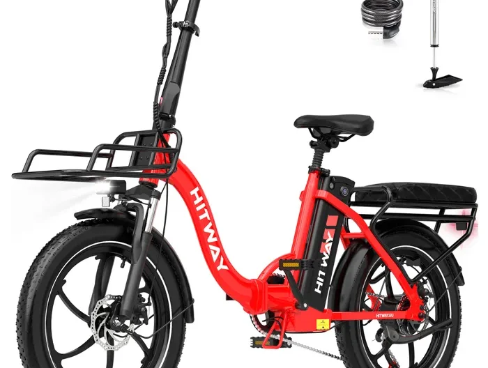 HITWAY Vélo Électrique 20" Pliant Rouge, 36V 15.6Ah Batterie Amovible, Moteur 250W, 7 Vitesses, APP, Porte-bagages Avant