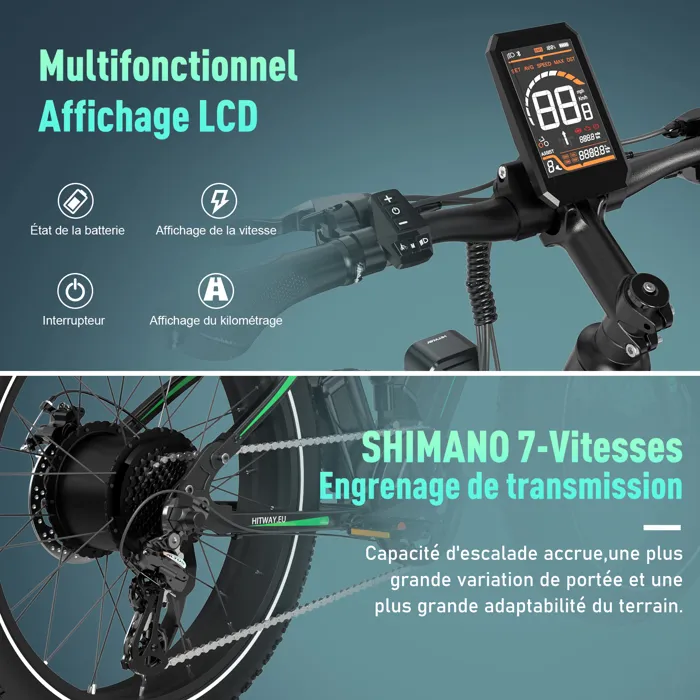 HITWAY Vélo Électrique 26"*4,0 Fat Bike - VTT E-BIKE Batterie amovible 48V 15AH - Moteur 250W - Shimano 7 Vitesses - Autonomie – Image 4