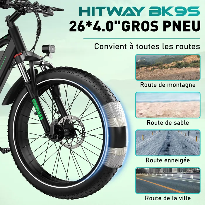 HITWAY Vélo Électrique 26"*4,0 Fat Bike - VTT E-BIKE Batterie amovible 48V 15AH - Moteur 250W - Shimano 7 Vitesses - Autonomie – Image 7