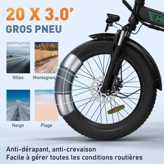 HITWAY Vélo électrique Pliable 20" Noir-Vert - Batterie 36V - 11,2Ah - Écran LCD - Pompe à vélo gratuite – Image 4