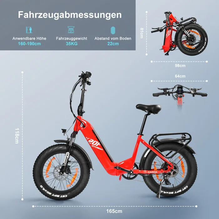 KAISDA Vélo Électrique Pliable VAE - Moteur 350W - Batterie 36V 25Ah - 20” Fat Bike - Autonomie 160km - Shimano 7 Vitesses - Rouge – Image 3