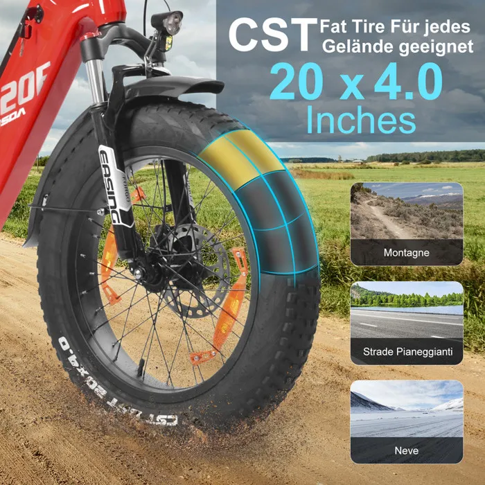 KAISDA Vélo Électrique Pliable VAE - Moteur 350W - Batterie 36V 25Ah - 20” Fat Bike - Autonomie 160km - Shimano 7 Vitesses - Rouge – Image 4