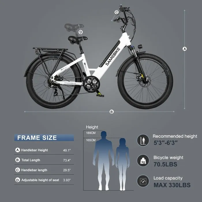 SAMEBIKE A01 Plus - Vélo électrique - Roues de 26 pouces - Moteur 750w -Batterie 48V14Ah - Vélo ville shimano 7 vitesses, Blanc – Image 6