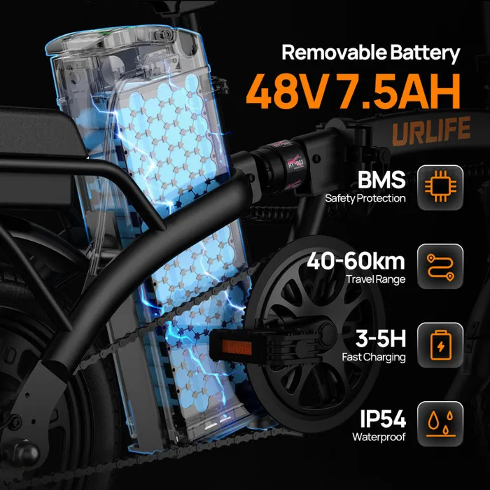 URLIFE F1L - Vélo électrique pliable 14“ - Moteur 350W Batterie Amovible 48V 7.5Ah - Autonomie 50km - Freins à disque, Bleu – Image 4