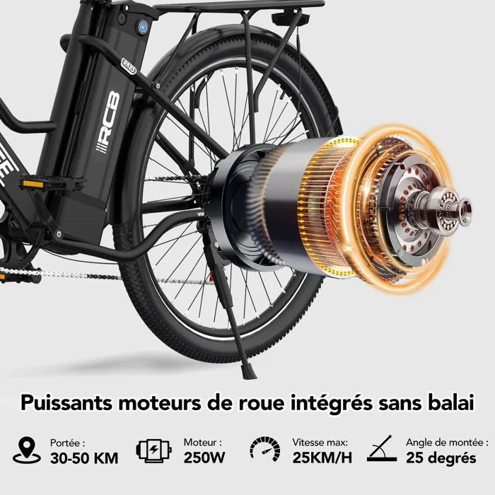 RCB 26" Vélo Électrique Urbain avec APP, 7 Vitesses, Autonomie 30-50 km, Double Frein à Disque, Sacoche Étanche Offerte – Image 3