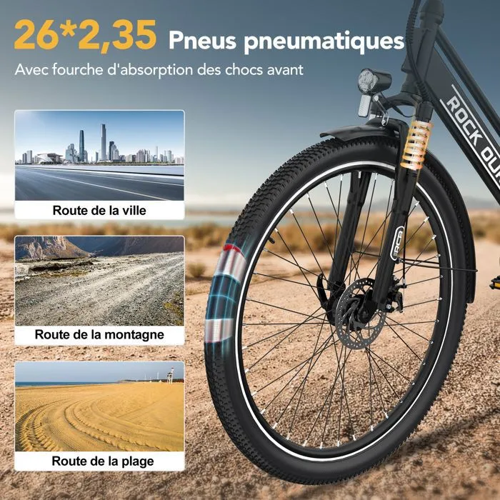 RCB 26" Vélo Électrique Urbain avec APP, 7 Vitesses, Autonomie 30-50 km, Double Frein à Disque, Sacoche Étanche Offerte – Image 4