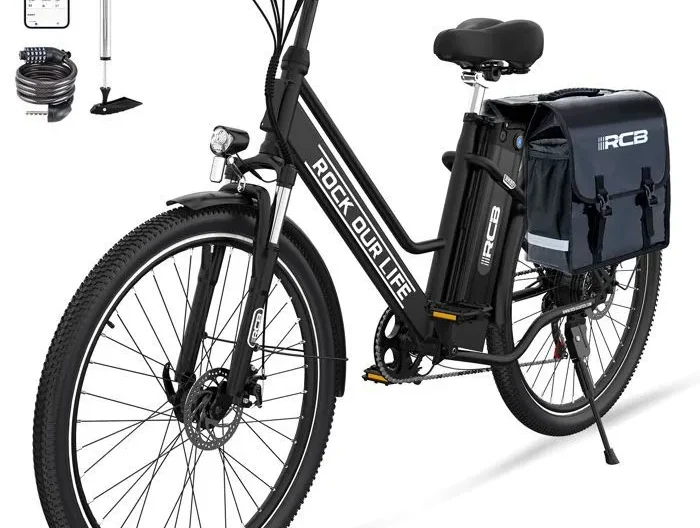 RCB 26" Vélo Électrique Urbain avec APP, 7 Vitesses, Autonomie 30-50 km, Double Frein à Disque, Sacoche Étanche Offerte