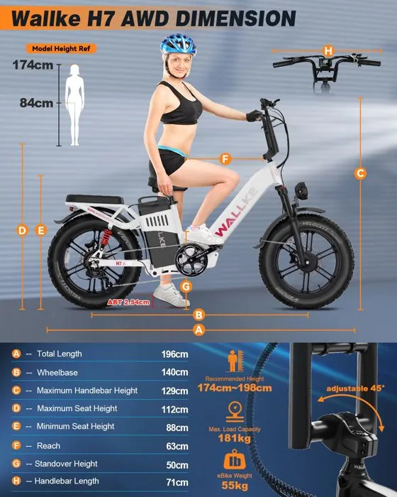 Vélo électrique Wallke H7 AWD 2000W double moteur Bike à enjambement 60AH batterie Samsung 20 pouces VTT Shimano 7 vitesses-Blanc – Image 6