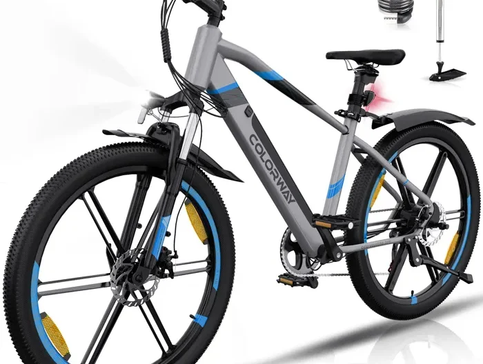 COLORWAY Vélo Électrique 26", VTT Ville, Batterie Lithium amovible 36V12Ah - 7 Vitesses - Argenté