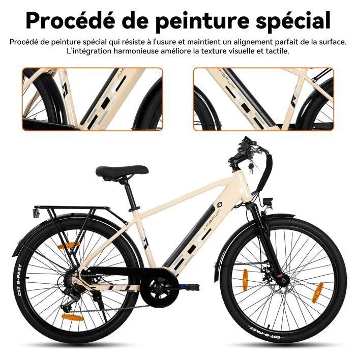 Hiland 26" Vélo électrique, E-MTB avec moteur 250 W, batterie 36 V 10,4 Ah, 7 vitesses pour hommes et femmes,freins à disque,beige – Image 3
