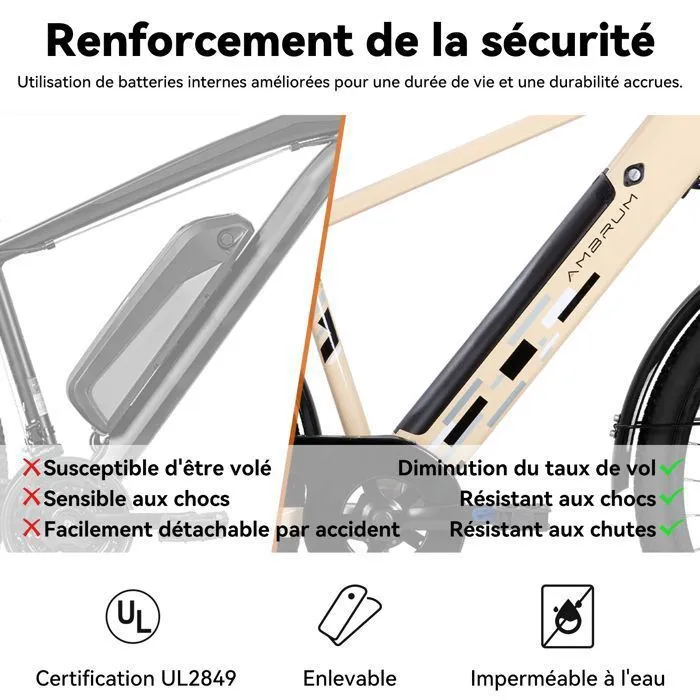 Hiland 26" Vélo électrique, E-MTB avec moteur 250 W, batterie 36 V 10,4 Ah, 7 vitesses pour hommes et femmes,freins à disque,beige – Image 4