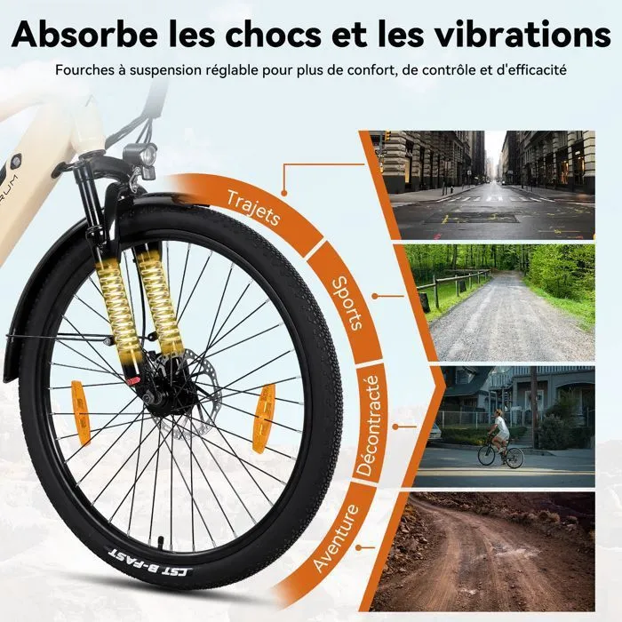 Hiland 26" Vélo électrique, E-MTB avec moteur 250 W, batterie 36 V 10,4 Ah, 7 vitesses pour hommes et femmes,freins à disque,beige – Image 5
