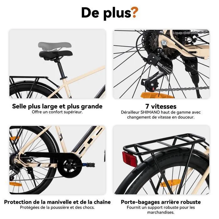 Hiland 26" Vélo électrique, E-MTB avec moteur 250 W, batterie 36 V 10,4 Ah, 7 vitesses pour hommes et femmes,freins à disque,beige – Image 6