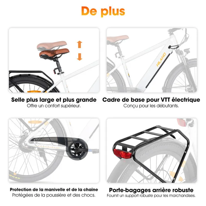 HILAND VTT électrique - Roues de 26 pouces - 250 W 36 V 7,8 Ah -Même style pour hommes et femmes - Freins à double disque - Blanc – Image 6