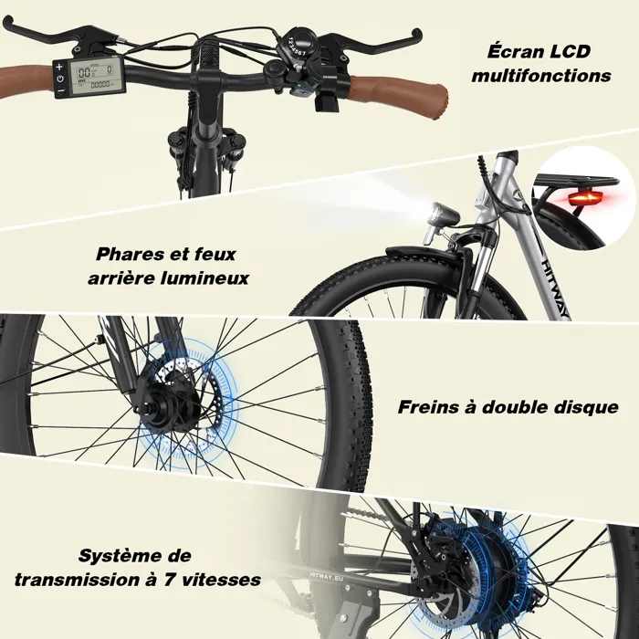 HITWAY Vélo électrique E-Bike 28 Pouces, Moteur 250W, Batterie 36V 13Ah, 7 Vitesses, Écran LCD - Argenté – Image 2