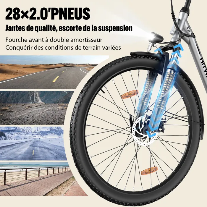 HITWAY Vélo électrique E-Bike 28 Pouces, Moteur 250W, Batterie 36V 13Ah, 7 Vitesses, Écran LCD - Argenté – Image 4