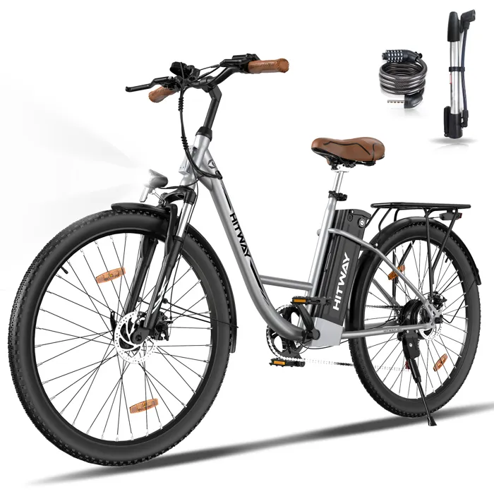 HITWAY Vélo électrique E-Bike 28 Pouces, Moteur 250W, Batterie 36V 13Ah, 7 Vitesses, Écran LCD - Argenté