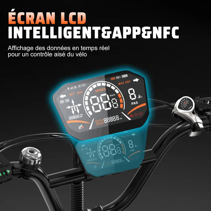 RCB Fatbike Vélo Électrique – Batterie 48V 20.8Ah, 90KM Autonomie, Pneus 20x4.0, Écran LCD, APP & NFC Noir – Image 2
