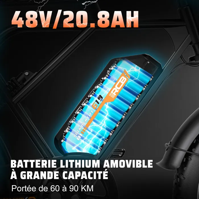 RCB Fatbike Vélo Électrique – Batterie 48V 20.8Ah, 90KM Autonomie, Pneus 20x4.0, Écran LCD, APP & NFC Noir – Image 3