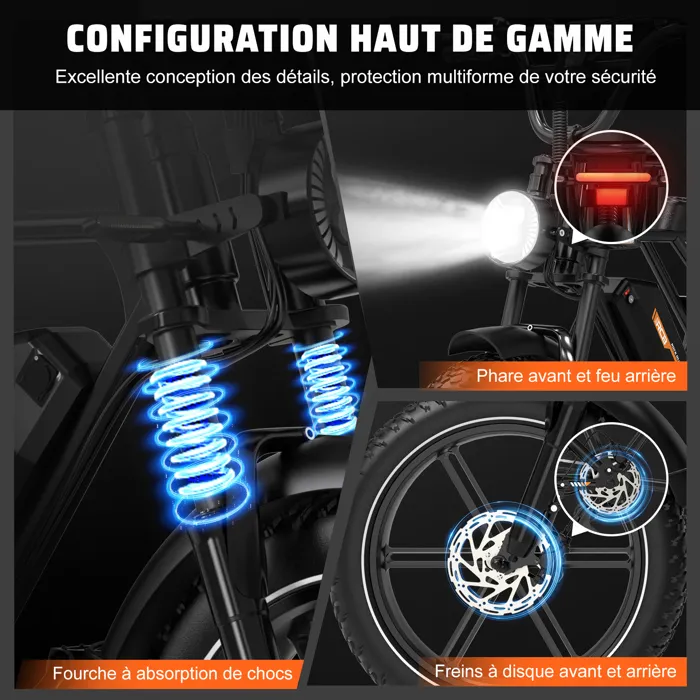 RCB Fatbike Vélo Électrique – Batterie 48V 20.8Ah, 90KM Autonomie, Pneus 20x4.0, Écran LCD, APP & NFC Noir – Image 5