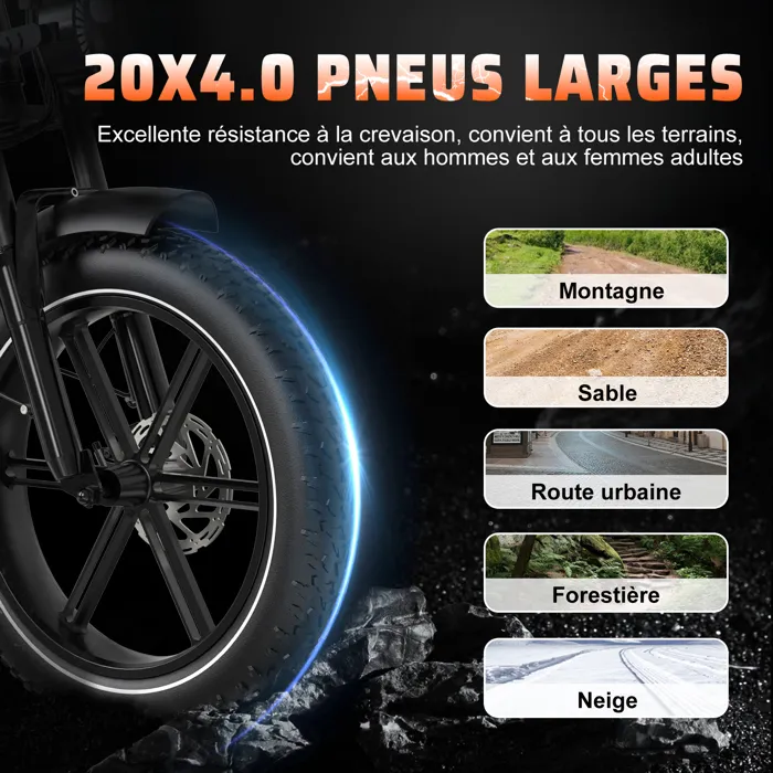 RCB Fatbike Vélo Électrique – Batterie 48V 20.8Ah, 90KM Autonomie, Pneus 20x4.0, Écran LCD, APP & NFC Noir – Image 6