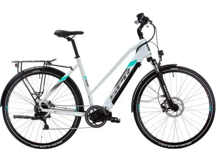 SPR E-TREKKING FASTER LADY, 28"x533, CENTER MOTOR, DT INTEGR. BATTERY, 9 Vitesses, Cadre Blanc-Turquoise