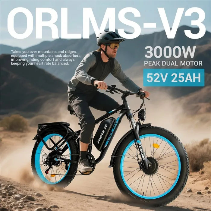 Vélo électrique ORLMS FINDER26-V3, Vert, Double Moteur 1000W, Batterie 52V25Ah, Frein à huile, Shimano7 Vitesses – Image 2