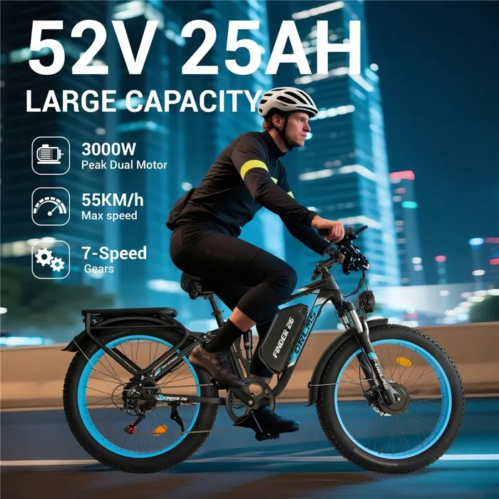 Vélo électrique ORLMS FINDER26-V3, Vert, Double Moteur 1000W, Batterie 52V25Ah, Frein à huile, Shimano7 Vitesses – Image 3