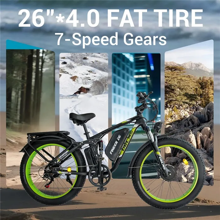 Vélo électrique ORLMS FINDER26-V3, Vert, Double Moteur 1000W, Batterie 52V25Ah, Frein à huile, Shimano7 Vitesses – Image 6