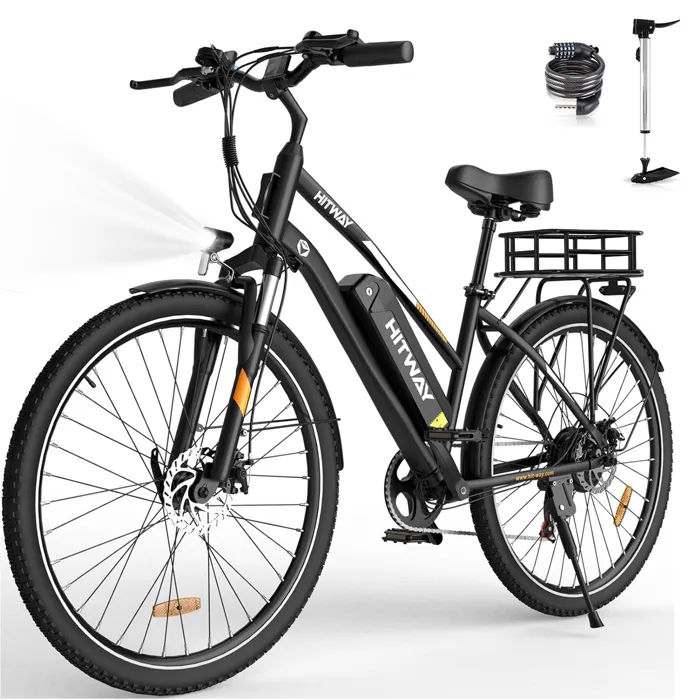 Vélo électrique VAE - HITWAY - Noir - 28"- Batterie Amovible 36V 12Ah - Shimano 7 Vitesses - VTT Électrique + HITWAY Panier arrière