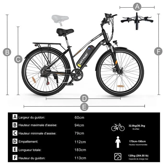 Vélo électrique VAE - HITWAY - Noir - 28"- Batterie Amovible 36V 12Ah - Shimano 7 Vitesses - VTT Électrique + HITWAY Panier arrière – Image 6
