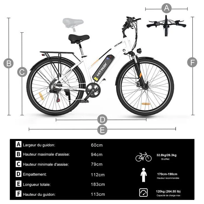Vélo électrique VAE - HITWAY - Blanc - 28"- Batterie Amovible 36V12Ah - Shimano 7 Vitesses - VTT Électrique + HITWAY Panier arrière – Image 5