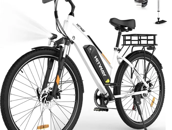 Vélo électrique VAE - HITWAY - Blanc - 28"- Batterie Amovible 36V12Ah - Shimano 7 Vitesses - VTT Électrique + HITWAY Panier arrière