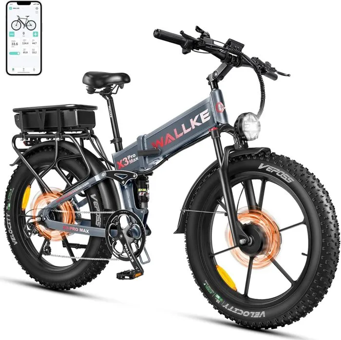 Vélo électrique Wallke X3 PRO MAX 1500W double moteur 48V 44AH batterie Samsung 26 pouces VTT Fat Bike Shimano 7 vitesses-Gris