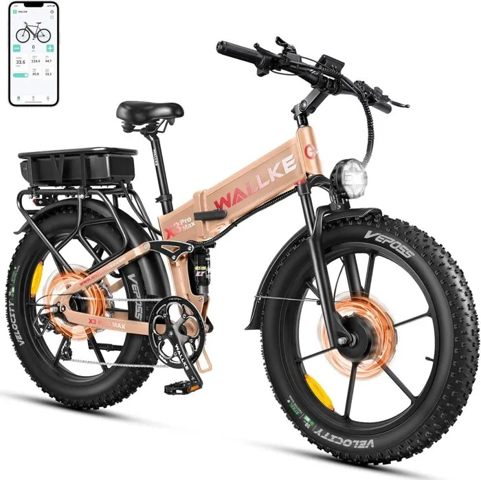 Vélo électrique Wallke X3 PRO MAX 1500W double moteur 48V 44AH batterie Samsung 26 pouces VTT Fat Bike Shimano 7 vitesses-Kaki